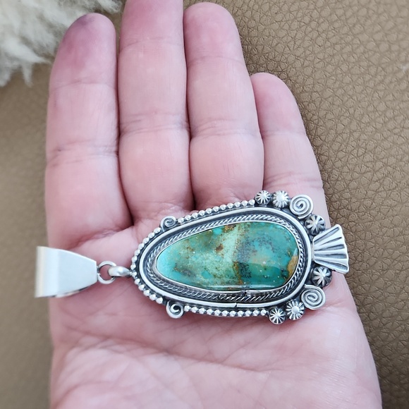 NWOT Native American Navajo Royston Turquoise & Sterling Large Pendant 💙💚🎁 - Picture 9 of 11